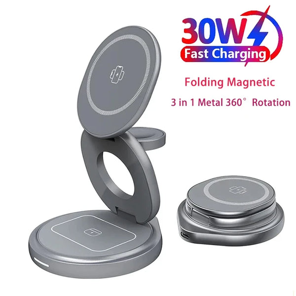 Foldable 30W Magnetic Wireless Charger Stand For iPhone15 14 13 12 Pro Max Apple Watch Airprods Pro 3 in 1 Fast Charging Station (New) (Sale)