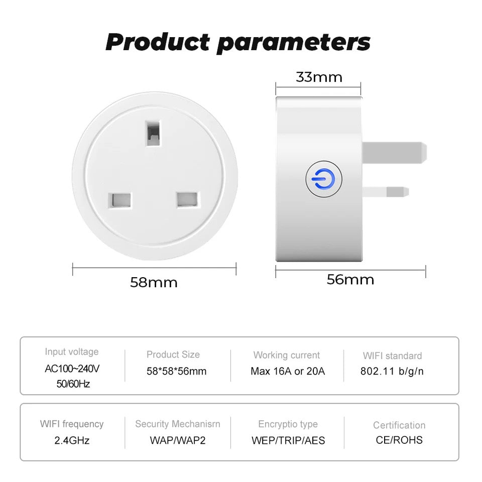 Smart Wifi Plug 20A Tuya UK Wireless Control Socket Outlet with Energy Monitering Timer Function Works with Alexa Google Home ,NEW