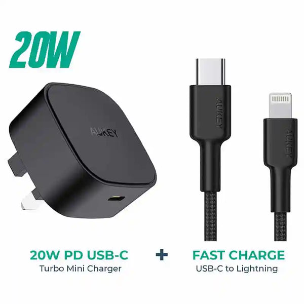 AUKEY 20W PD USB-C Mini Charger PA-Y25 with Impulse MFI Braided Nylon USB-C To Lightning Cable 1.2M CB-CL1 – Black