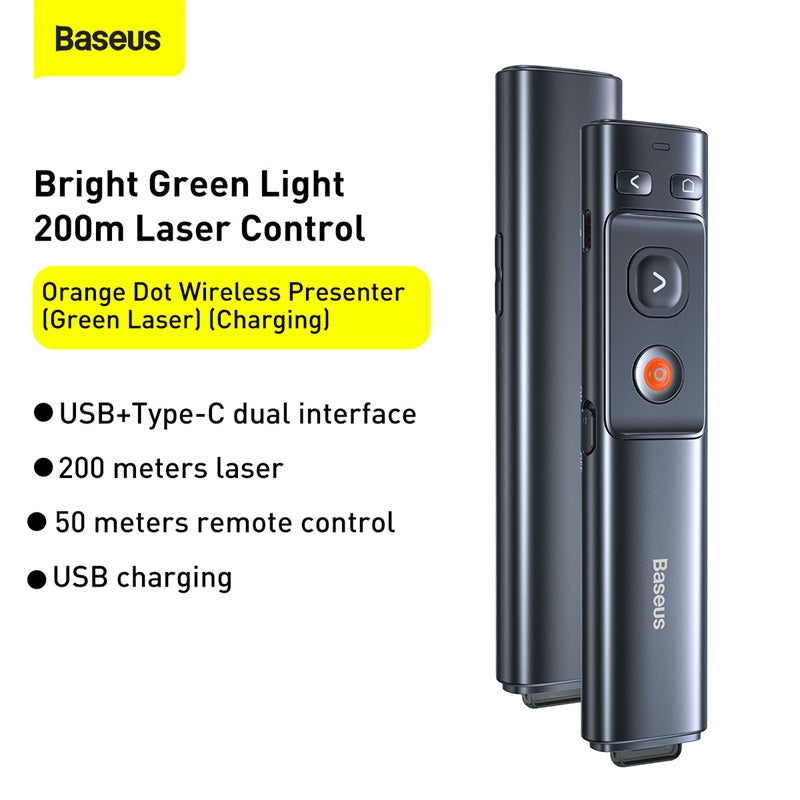 Baseus Orange Dot Wireless Presenter Green Laser with 0.5M 3A Type-C Cable (Sale)